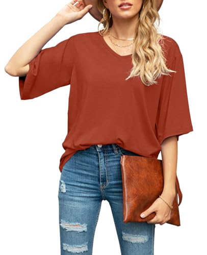 SUEANI Damen Bluse Tops Lose V-Ausschnitt 3/4 Glockenärmel Shirt, A- Vg Rostrot, XX-Large SUEANI Damen Bluse Tops Lose V-Ausschnitt 3/4 Glockenärmel Shirt, A- Vg Rostrot, XX-Large von SUEANI