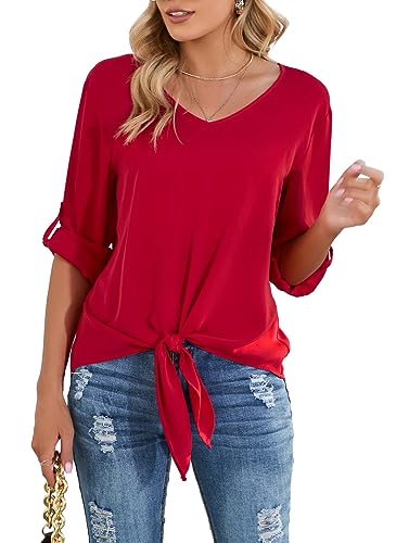 SUEANI Damen Business Casual V-Ausschnitt Manschettenärmel Arbeitsbluse Top (XXL, Rot) von SUEANI