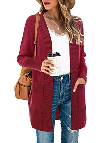 SUEANI Damen Strickjacke mit offener Vorderseite, lässig, langärmelig, Strickware, klassischer Pullover, Cardigan mit Taschen, A-04- Weinrot, Groß von SUEANI