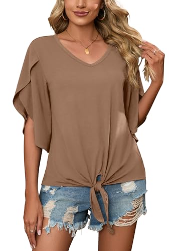 SUEANI Damen Tie Front Blusen V Ausschnitt 3/4 Split Ärmel Sommer Knoten Tops Shirts, VG, Khaki, Large von SUEANI