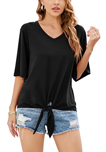 SUEANI Damen Tie Front Tops Sommer V Ausschnitt 3/4 Glockenärmel Twist Knot Shirt, A-01- Schwarz, XX-Large SUEANI Damen Tie Front Tops Sommer V Ausschnitt 3/4 Glockenärmel Twist Knot Shirt, A-01- Schwarz, XX-Large von SUEANI