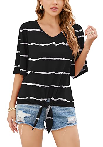SUEANI Damen Tie Front Tops Sommer V Ausschnitt 3/4 Glockenärmel Twist Knot Shirt, B-07- Fp Striped Black, X-Large von SUEANI