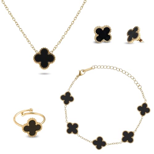 Vierblättriges Kleeblatt Schmuckset, 18K Vergoldet Vierblättriges Kleeblatt Halskette Ohrringe Armband Ring, Vierblättriges Glücksklee Schmuckset Geschenke, für Damen und Mädchen, Schwarz von SUEHBEXF