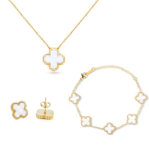 Vierblättriges Kleeblatt Schmuckset, 18K Vergoldet Vierblättriges Kleeblatt Halskette Ohrringe Armband, Vergoldet Zweiseitig, Vierblättriges Glücksklee Schmuckset Geschenke, für Damen und Mädchen von SUEHBEXF