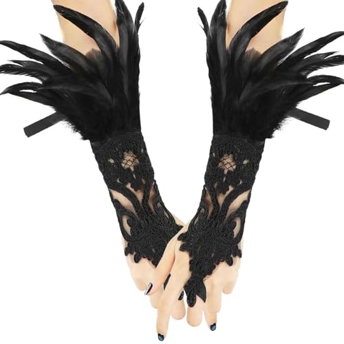 Damen Schwarz Feder Handschuhe Vintage Spitzenhandschuhe Damen Schwarz Feder Spitze Fingerlose Lange Handschuhe Lange Spitze für Hochzeit Halloween Fasching Cosplay Party von SUFANG