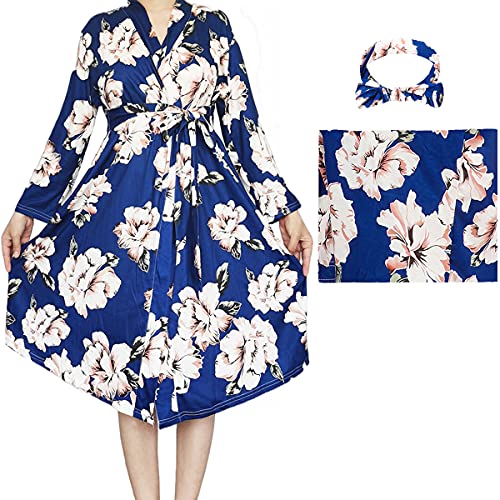SUFEINI Umstandsmantel und passende Baby Wickeldecke Set, Mama Robe mit Empfangsdecke Mädchen Jungen Nachtwäsche, A04-Blue, Large von SUFEINI