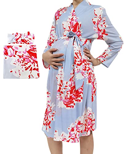 SUFEINI Umstandsmantel und passende Baby Wickeldecke Set, Mama Robe mit Empfangsdecke Mädchen Jungen Nachtwäsche, A07-Blau, XX-Large von SUFEINI