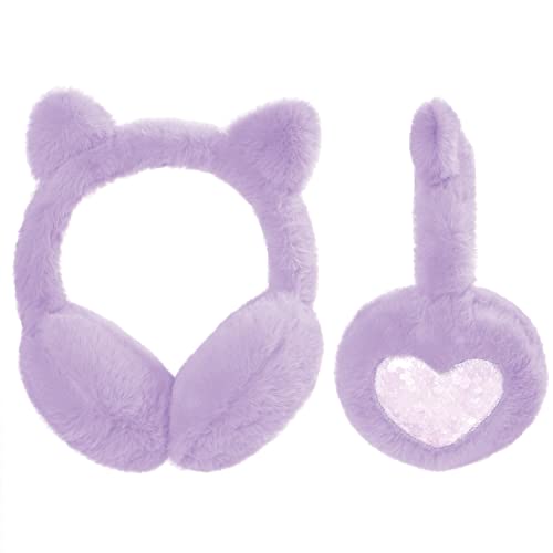 SUGSHYN Ohrenwärmer Kinder Ohrenschützer aus Weichem Plüsch Mädchen Winter Winddicht und Warm Ear Muffs mit Katzenohren für Den Außenbereich Kälte(Violett) von SUGSHYN