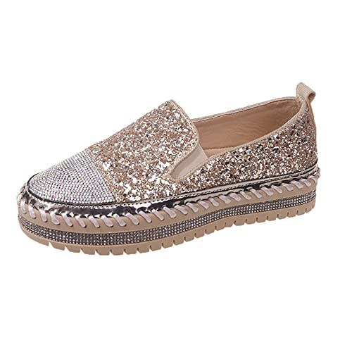 SUGURETA Modische Damen-Sneaker mit Strasssteinen, lässig, bequem, Plateau, Wanderschuhe, niedliche Schleife, Glitzer, Loafers, A-Gold, 39 EU von SUGURETA