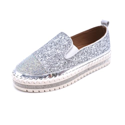 SUGURETA Modische Damen-Sneaker mit Strasssteinen, lässig, bequem, Plateau, Wanderschuhe, niedliche Schleife, Glitzer, Loafers, A-Silber, 36 EU von SUGURETA