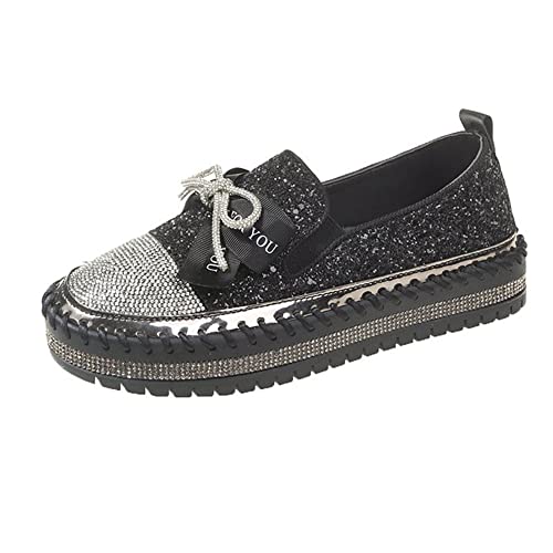 SUGURETA Modische Damen-Sneaker mit Strasssteinen, lässig, bequem, Plateau, Wanderschuhe, niedliche Schleife, Glitzer, Loafers, B-schwarz, 36 EU von SUGURETA