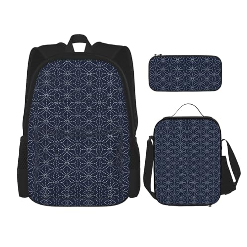 SUHNGE 3-in-1-Büchertaschen-Set mit gepunkteten Linien, geometrische Formen auf blauem Hintergrund, Rucksack für Mädchen, Jungen, Schultaschen, Teenager, Lunchbox und Federmäppchen, von SUHNGE