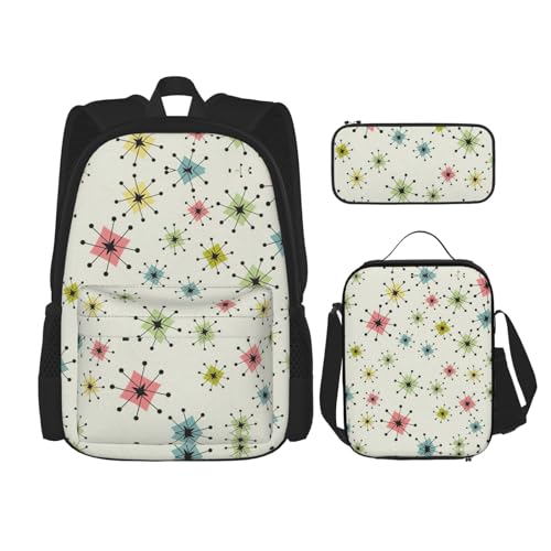 SUHNGE Atomic Stars Retro Muster Print Rucksack Mädchen Jungen Schultaschen Teenager Lunchbox und Federmäppchen 3 in 1 Büchertaschen Set, Atomic Stars Retro Muster, Einheitsgröße von SUHNGE