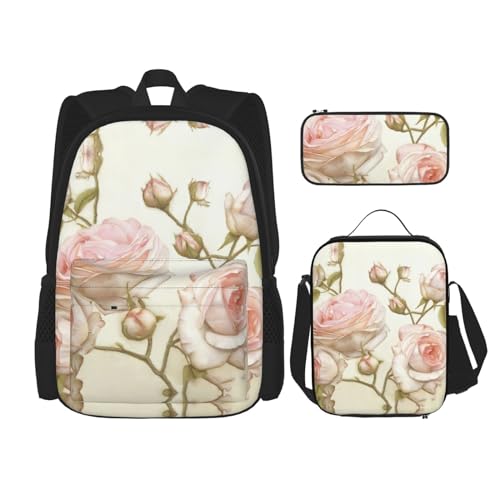 SUHNGE Beauty Pink Roses Print Rucksack Mädchen Jungen Schultaschen Teenager Lunchbox und Federmäppchen 3-in-1 Büchertaschen-Set von SUHNGE