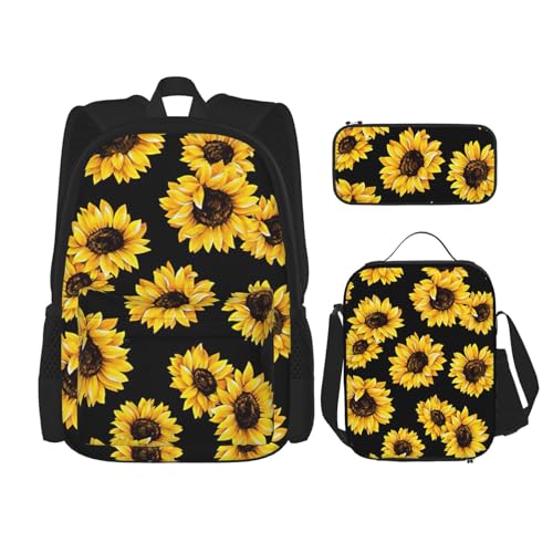 SUHNGE Bedruckter Rucksack für Mädchen, Jungen, Schulranzen, Teenager, Lunchbox und Federmäppchen, 3-in-1-Büchertaschen-Set, Sonnenblume., Einheitsgröße von SUHNGE