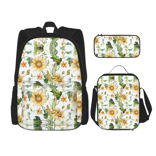 SUHNGE Bedruckter Rucksack für Mädchen, Jungen, Schultaschen, Teenager, Lunchbox und Federmäppchen, 3-in-1-Büchertaschen-Set, Sonnenblume und Mais, Einheitsgröße von SUHNGE