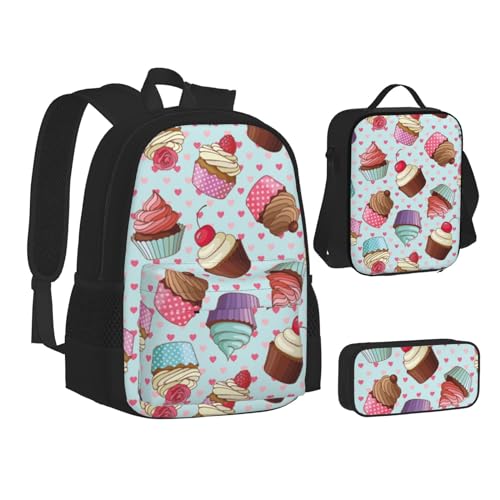 SUHNGE Büchertasche mit Golfplatz-Aufdruck, Lunch-Tasche, Federmäppchen, 3-in-1, Schulrucksack-Set, Kinder-Rucksack, Cupcake-Muster, Einheitsgröße von SUHNGE