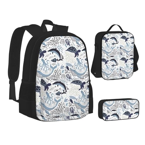 SUHNGE Büchertasche mit Schildkröten-Oktopus-Muster, Ozean-Motiv, Teenager, Büchertasche, Federmäppchen, 3-in-1, Schulrucksack-Set, Kinder-Rucksack, Schildkröte Oktopus Muster Ozean, Einheitsgröße von SUHNGE