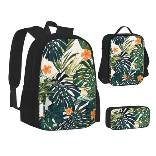 SUHNGE Büchertasche mit weißem Marmor, rotgoldener Druck, Teenager, Lunch-Tasche, Federmäppchen, 3-in-1, Schulrucksack-Set, Kinder-Rucksack, Tropische Sommer-Hawaii-Blume, Palmenblätter, Einheitsgröße von SUHNGE