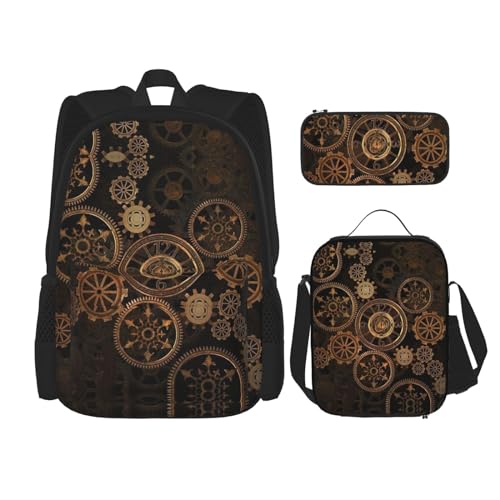 SUHNGE Gears Clock Rucksack für Mädchen, Jungen, Schultasche, Teenager, Lunchbox und Federmäppchen, 3-in-1 Büchertaschen-Set von SUHNGE