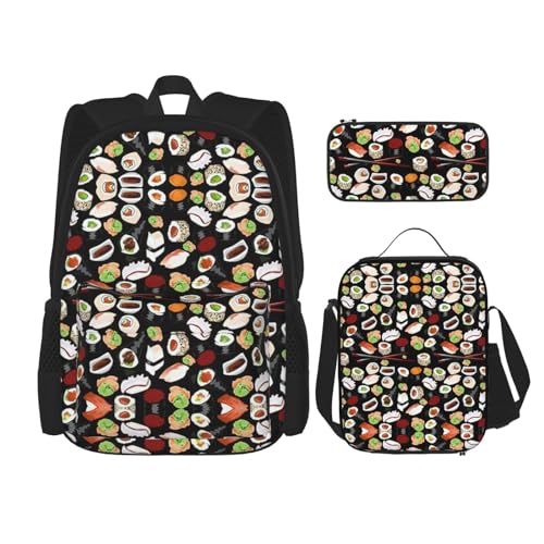 SUHNGE Line Rucksack mit Rosen-Motiv, 3-teilig, Schultasche mit Lunch-Tasche, Federmäppchen für Mädchen, Mittelschule, Japanisches Sushi schwarz, Einheitsgröße von SUHNGE