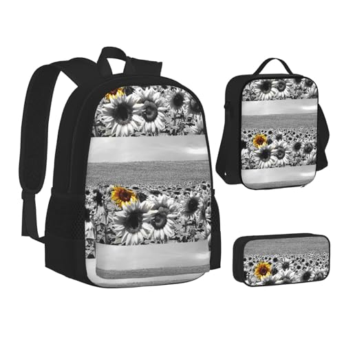 SUHNGE Lover Dog Paw Print Teenage Bookbag Lunch Bag Pencil Case 3 in 1 School Backpacks Set Kids Backpack, Schwarz-weiße Sonnenblumen., Einheitsgröße von SUHNGE