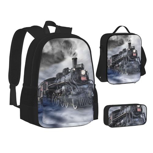 SUHNGE Niedliche Eichhörnchen Druck Teenager Büchertasche Mittagessen Tasche Federmäppchen 3 in 1 Schulrucksäcke Set Kinder Rucksack, Dampflok Wolken, Einheitsgröße von SUHNGE