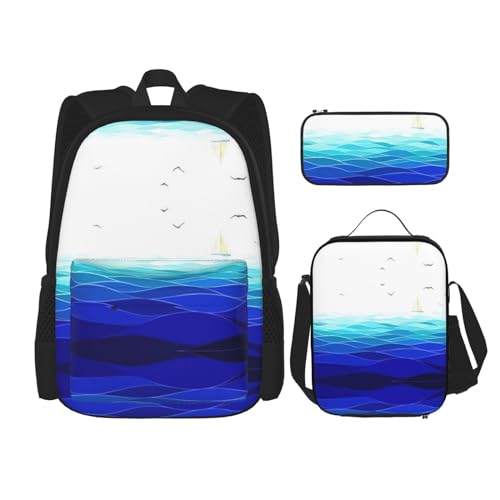 SUHNGE Ocean Waves Segelboot mit Vögeln Maritim Druck Rucksack Mädchen Jungen Schultaschen Teenager Lunchbox und Federmäppchen 3 in 1 Büchertaschen Set von SUHNGE