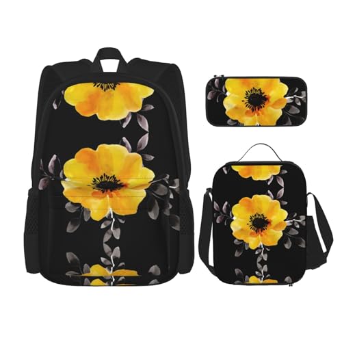 SUHNGE Ozeandruck Rucksack Mädchen Jungen Schultaschen Teenager Lunchbox und Federmäppchen 3 in 1 Büchertaschen Set, Gelb, Blumen, Einheitsgröße von SUHNGE