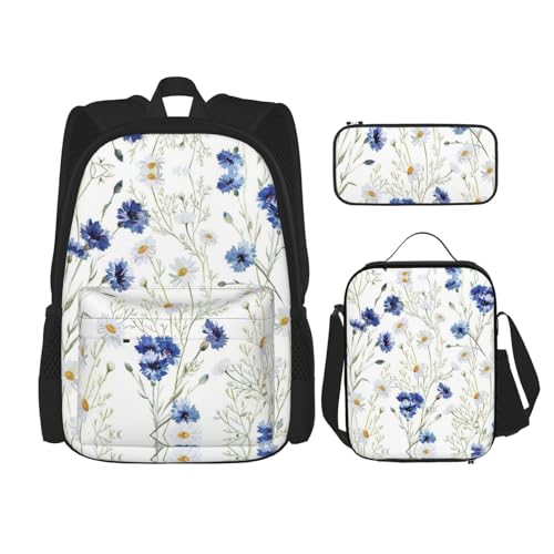 SUHNGE Ozeandruck Rucksack Mädchen Jungen Schultaschen Teenager Lunchbox und Federmäppchen 3 in 1 Büchertaschen Set, Wildblumen und Kornblumen, Gänseblümchen, Einheitsgröße von SUHNGE