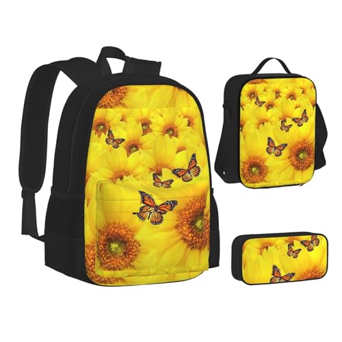 SUHNGE Patriotische 4. Juli Amerikanische Flagge Druck Teenager Büchertasche Mittagessen Tasche Federmäppchen 3 in 1 Schulrucksäcke Set Kinder Rucksack, Gelbe Blumen und Schmetterlinge, Einheitsgröße von SUHNGE