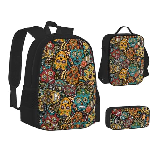 SUHNGE Programmierer Programmiercode Druck Teenager Büchertasche Mittagessen Tasche Federmäppchen 3 in 1 Schulrucksäcke Set Kinder Rucksack, Sugar Skulls Print, One size von SUHNGE