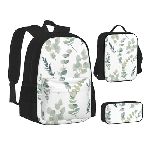 SUHNGE Rotweinglas Cheers Print Teenage Büchertasche Mittagessen Tasche Federmäppchen 3 in 1 Schulrucksäcke Set Kinder Rucksack, Eukalyptusblätter, Einheitsgröße von SUHNGE