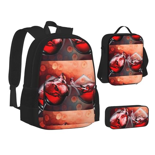 SUHNGE Rotweinglas Cheers Print Teenage Büchertasche Mittagessen Tasche Federmäppchen 3 in 1 Schulrucksäcke Set Kinder Rucksack, Rotweinglas Cheers, Einheitsgröße von SUHNGE