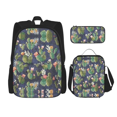 SUHNGE Rucksack, Schultasche mit Lunch-Tasche, Federmäppchen für Mädchen, Mittelschule, Weiß, Blumenmuster, bunt, Schmetterlinge, 3-teilig, Aquarell Kaktus, Einheitsgröße von SUHNGE