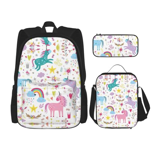 SUHNGE Rucksack, Schultasche mit Lunch-Tasche, Federmäppchen für Mädchen, Mittelschule, Weiß, Blumenmuster, bunt, Schmetterlinge, 3-teilig, Einhörner, Rosa, Einheitsgröße von SUHNGE