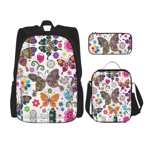 SUHNGE Rucksack, Schultasche mit Lunch-Tasche, Federmäppchen für Mädchen, Mittelschule, Weiß, Blumenmuster, bunt, Schmetterlinge, 3-teilig, Weißes Blumenmuster, bunte Schmetterlinge, Einheitsgröße von SUHNGE