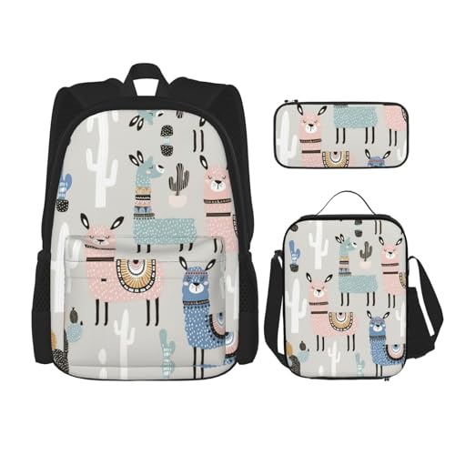 SUHNGE Rucksack, Schultasche mit Lunchtasche, Federmäppchen für Mädchen, Mittelschuppen-Design, Meerjungfrauen-Motiv, Blaugrün, 3-teilig, Llama Kaktus, Einheitsgröße von SUHNGE