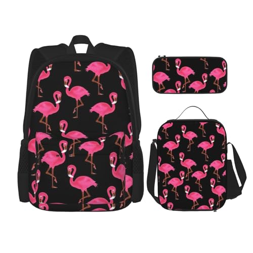 SUHNGE Rucksack, Schultasche mit Lunchtasche, Federmäppchen für Mädchen, Mittelschuppen-Design, Meerjungfrauen-Motiv, Blaugrün, 3-teilig, Schöne rosa Flamingos, Einheitsgröße von SUHNGE