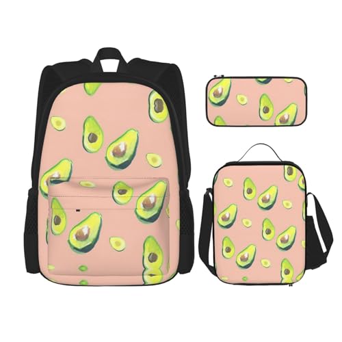 SUHNGE Rucksack, Schultasche mit Lunchtasche, Federmäppchen für Mädchen, Mittelschuppen-Design, Meerjungfrauen-Motiv, Blaugrün, 3-teilig, Viele Avocado-Bilder, Einheitsgröße von SUHNGE