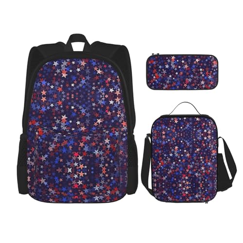 SUHNGE Rucksack für Mädchen, Jungen, Schultaschen, Teenager, Lunchbox und Federmäppchen, 3-in-1-Büchertaschen-Set, Rot / Weiß, Red Blue Stars American, Einheitsgröße von SUHNGE