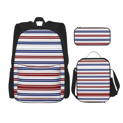 SUHNGE Rucksack für Mädchen, Jungen, Schultaschen, Teenager, Lunchbox und Federmäppchen, 3-in-1-Büchertaschen-Set, Rot / Weiß, Rot, Blau, Weiß, Graue Streifen, Einheitsgröße von SUHNGE