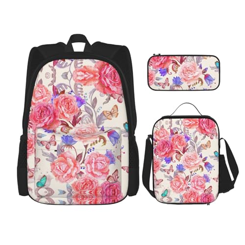 SUHNGE Rucksack mit Fahrrad-Kaffeeballon-Druck, für Mädchen, Jungen, Schultaschen, Teenager, Lunchbox und Federmäppchen, 3-in-1-Büchertaschen-Set, Blume, Rose, Schmetterling, Einheitsgröße von SUHNGE