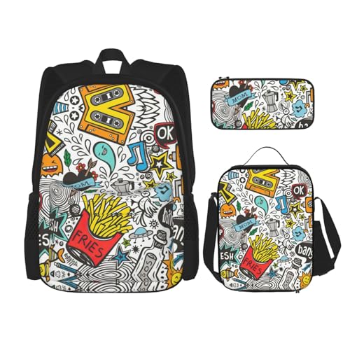 SUHNGE Rucksack mit Fahrrad-Kaffeeballon-Druck, für Mädchen, Jungen, Schultaschen, Teenager, Lunchbox und Federmäppchen, 3-in-1-Büchertaschen-Set, Comic-Kunst, Einheitsgröße von SUHNGE