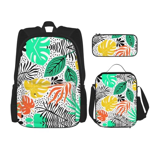 SUHNGE Rucksack mit Frühlings-Bambus-Druck, 3-teilig, Schultasche mit Lunch-Tasche, Federmäppchen für Mädchen, Mittelschule, Buntes Blatt, Einheitsgröße von SUHNGE