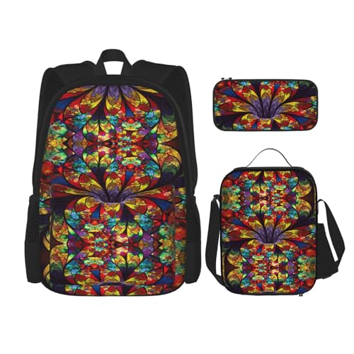 SUHNGE Rucksack mit Frühlings-Bambus-Druck, 3-teilig, Schultasche mit Lunch-Tasche, Federmäppchen für Mädchen, Mittelschule, Buntglas mit Blumendesign, Einheitsgröße von SUHNGE