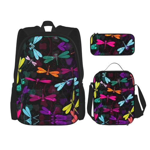 SUHNGE Rucksack mit Frühlings-Bambus-Druck, 3-teilig, Schultasche mit Lunch-Tasche, Federmäppchen für Mädchen, Mittelschule, Niedliche Libelle, Einheitsgröße von SUHNGE