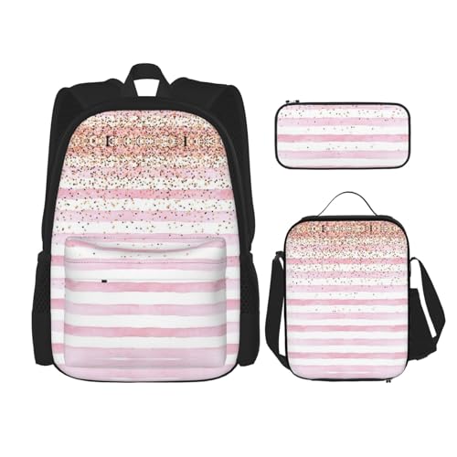 SUHNGE Rucksack mit Frühlings-Bambus-Druck, 3-teilig, Schultasche mit Lunch-Tasche, Federmäppchen für Mädchen, Mittelschule, Rosa gestreifter Hintergrund, Einheitsgröße von SUHNGE