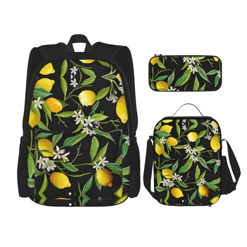 SUHNGE Rucksack mit Frühlings-Bambus-Druck, 3-teilig, Schultasche mit Lunch-Tasche, Federmäppchen für Mädchen, Mittelschule, Zitrone und Blume, Einheitsgröße von SUHNGE