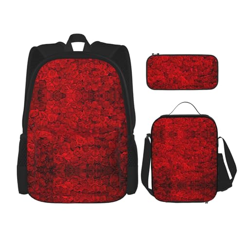 SUHNGE Rucksack mit Kaktus-Pflanzen-Druck, für Mädchen, Jungen, Schultaschen, Teenager, Lunchbox und Federmäppchen, 3-in-1-Büchertaschen-Set, Rote Rose 1, Einheitsgröße von SUHNGE